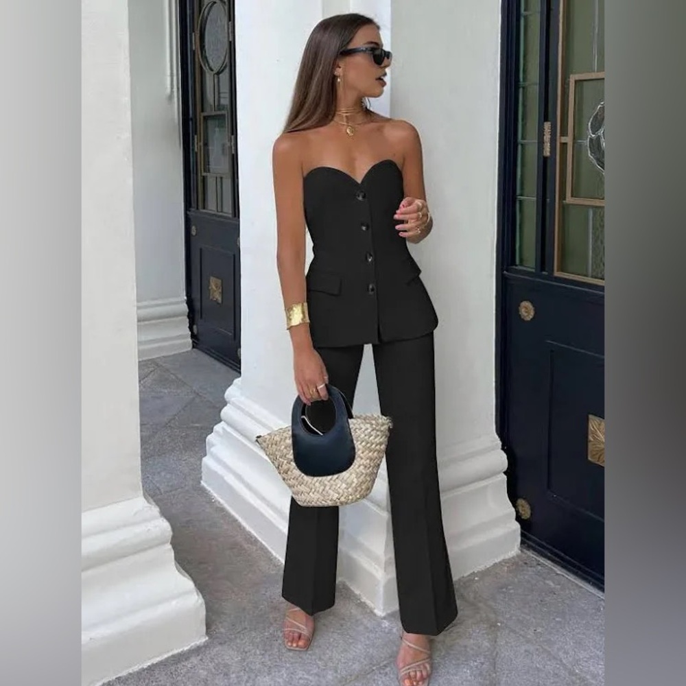NWT $80 Commense 2 Piece Elegant Black Strapless Top With Pants